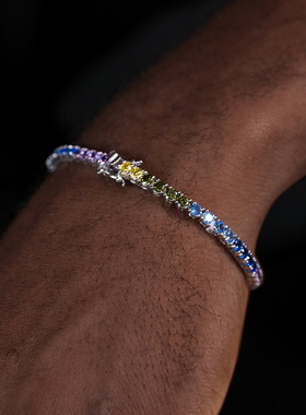 GRGR S925纯银拼接彩色锆石圆钻网球手链男女情侣嘻哈潮流tennis