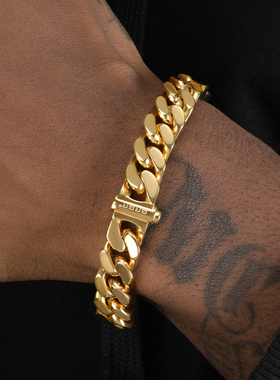 GRGR 18K黄金色钛钢古巴手链男欧美hiphop街头粗款cuban link手环