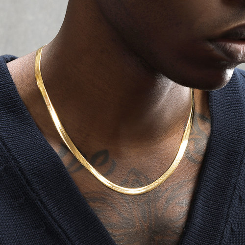 GRGR18K金色钛钢扁蛇骨链项链