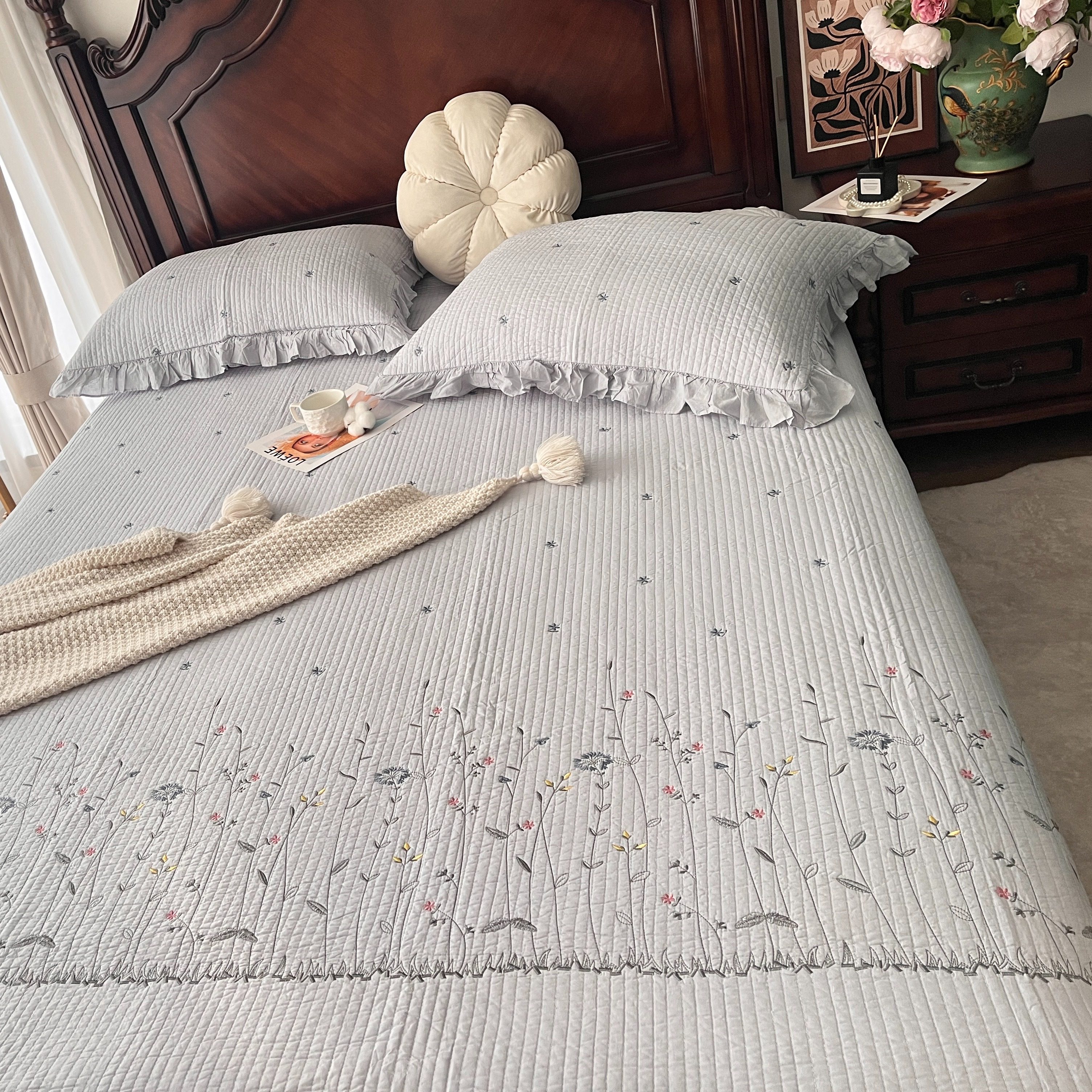 韩式刺绣小花巴厘纱双面纯棉床盖夹棉花四季荷叶边全棉床单不跑床,床上用品,床盖,淘宝优惠券,粉丝福利购,淘宝优惠卷