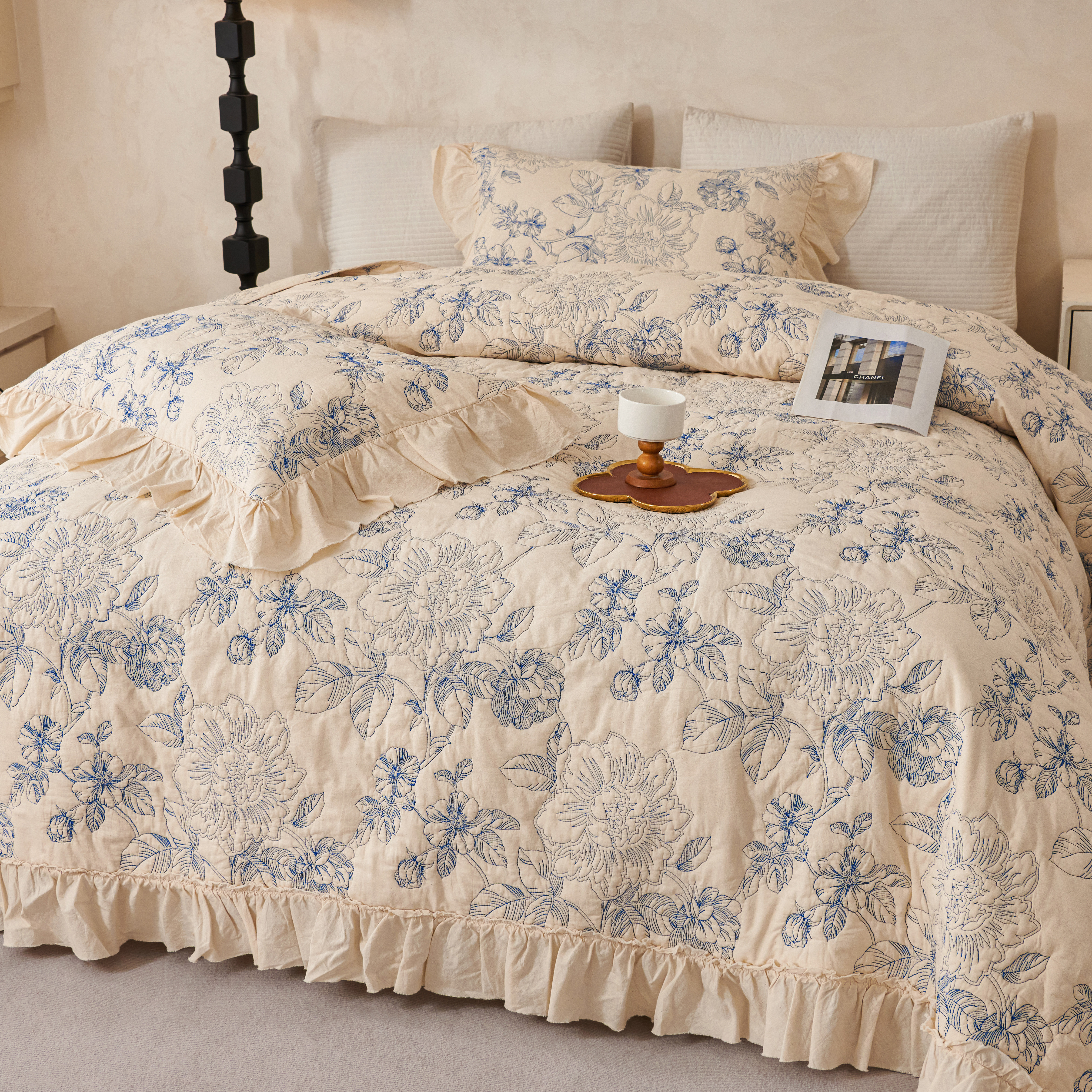 法式木耳边公主花边绗缝纯棉床盖三件套机洗碎花韩式蕾丝床单夹棉,床上用品,床盖,淘宝优惠券,粉丝福利购,淘宝优惠卷