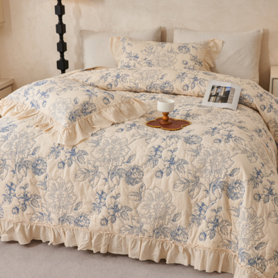 法式木耳边公主花边绗缝纯棉床盖三件套机洗碎花韩式蕾丝床单夹棉