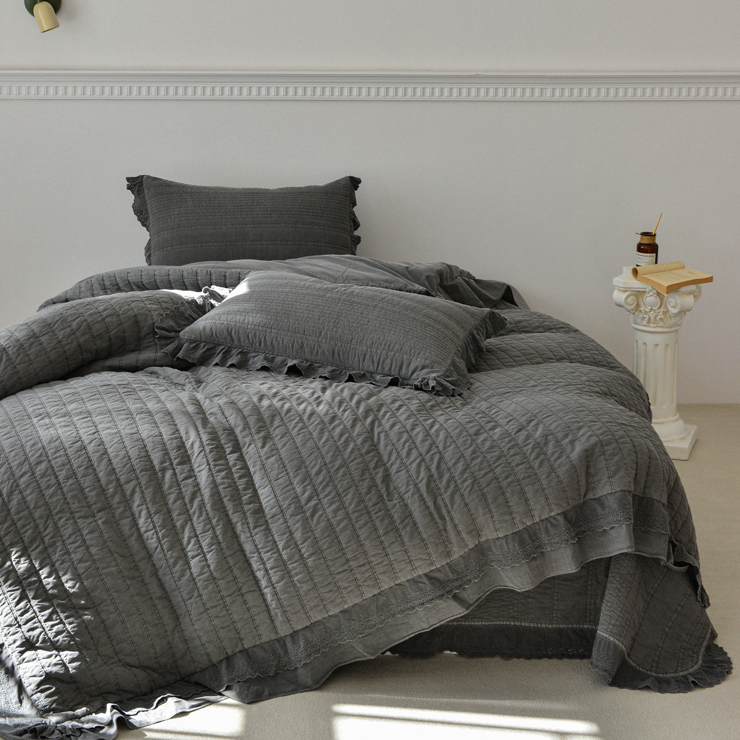 2026新款韩国高端砂洗纯棉床盖三件套绗缝夹棉多功能被套四件套