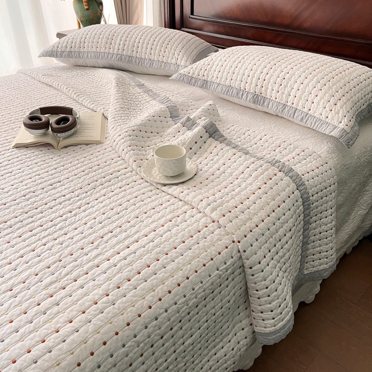 特价韩国巴厘纱纯棉点绣绗缝水洗全棉床单夹棉花床盖三件套四季用