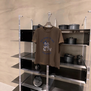 南油高品复古咖色卡通米奇圆领短袖 字母印花休闲宽松上衣 t恤女装