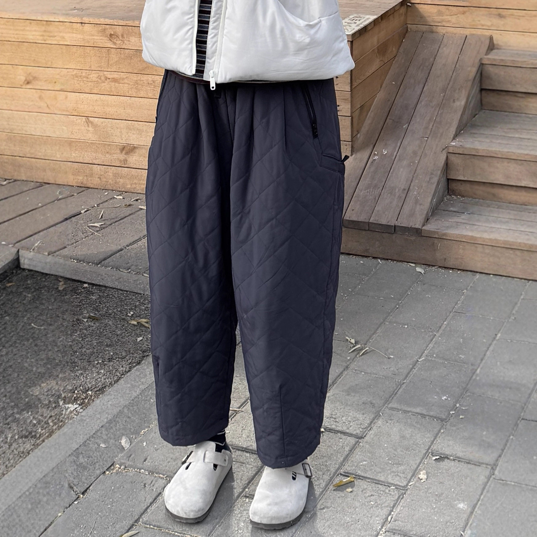 25秋冬女裤宽松复古风菱格夹棉3M棉松紧腰九分棉裤保暖加厚防寒女