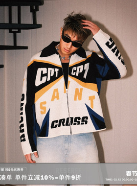 RESERFF 十字车手美式高街毛织赛车印花毛衣拉链夹克开衫上衣外套