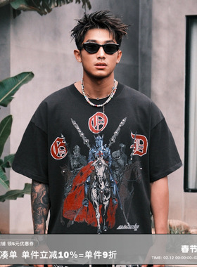 RESERFF 暗影骑士 立体珍珠手绘插画短袖宽松高街复古潮纯棉T恤