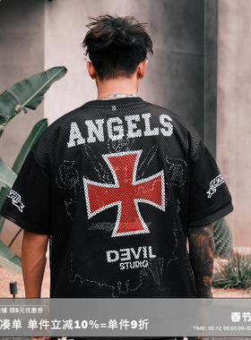 RESERFF 天使之光 十字印花网眼球衣短袖t恤夏季美式嘻哈街头上衣