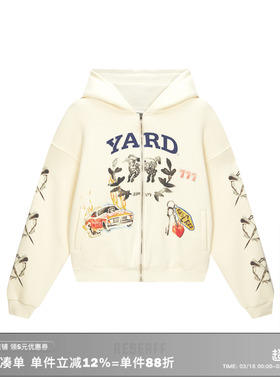 RESERFF x YARD 联名赛车水彩拉链卫衣男重磅水洗华夫格内里帽衫