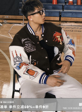 RESERFF X AVIA联名俄勒冈传奇复古牛皮刺绣贴布宽短棒球夹克外套