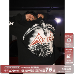 RESERFF Hellywood 华夫格复古印花美式破坏重磅廓形长袖圆领卫衣