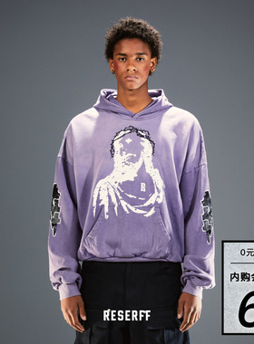 RESERFF PRAY 复古印花做旧洗水500G重磅宽松廓形套头连帽卫衣