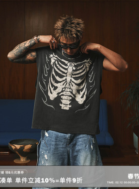 RESERFF舞女俱乐部 火焰骷髅 复古做旧坎肩短袖T恤男无袖潮流上衣