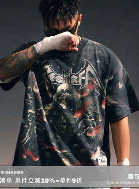 RESERFF 星光法师 立体闪钻复古手绘VINTAGE 廓形短袖T恤美式街头