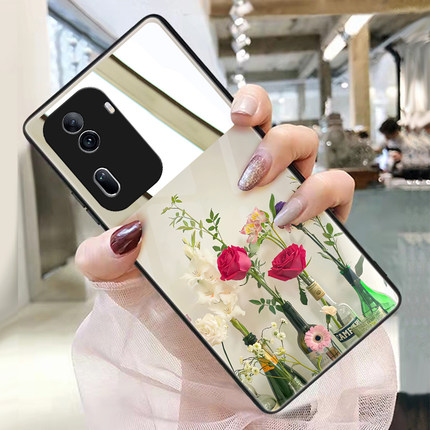 适用opporeno11手机壳reno10pro玻璃镜子reno9镜面reno8粉色reno7补妆镜reno6化妆镜玫瑰花5