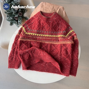 女童圣诞毛线衫 哈哈辰男童毛衣25冬装 中小童针织红色上衣新年新款