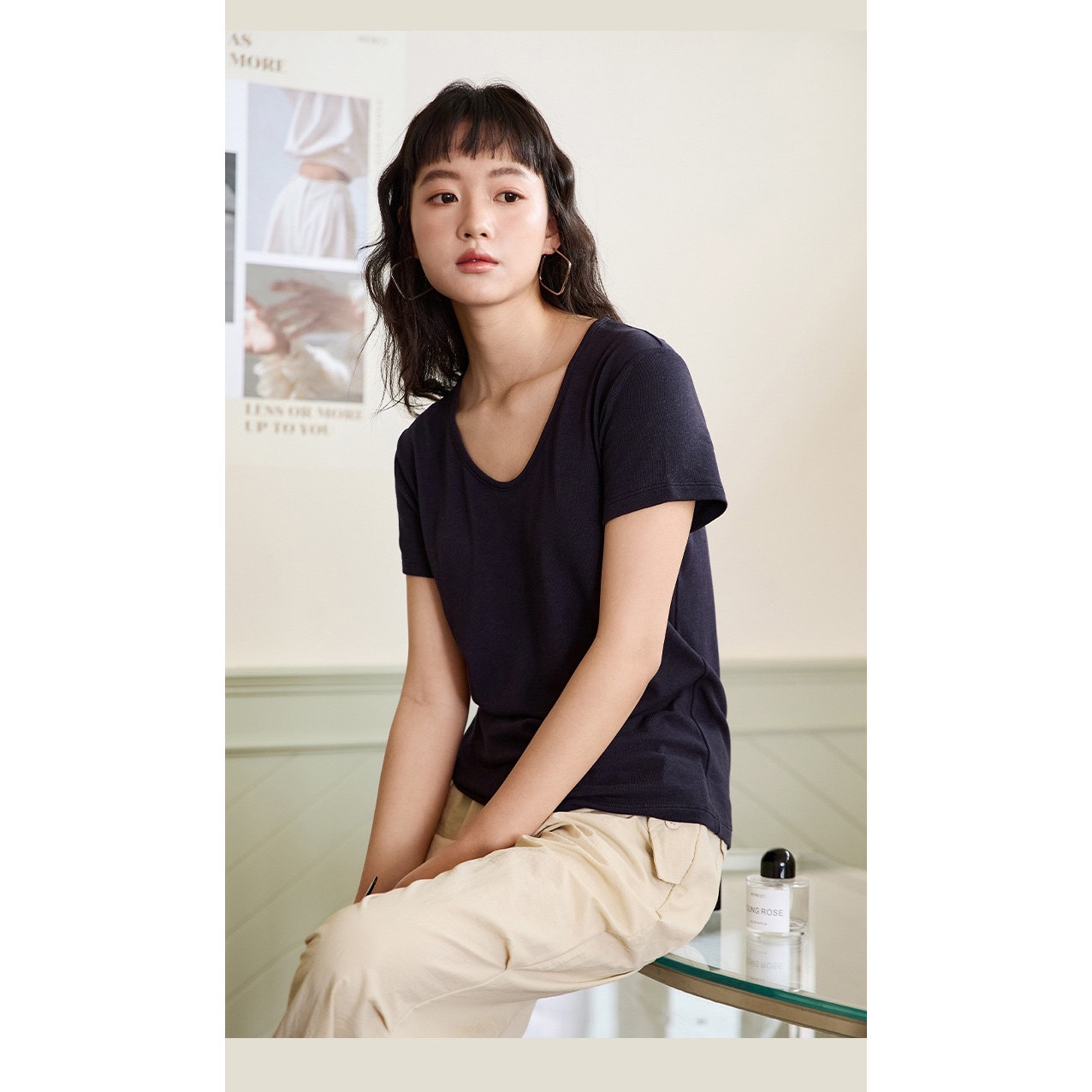 天丝亚麻鹅蛋领t恤女夏季薄款透气休闲简约百搭正肩短袖上衣品质