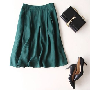 百褶裙文艺裙休闲裙墨绿色中裙抗皱百搭款小个子裙子网纱裙夏裙