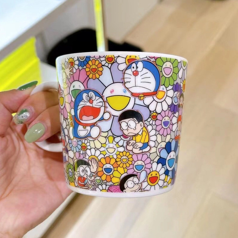 日本村上隆太阳花马克杯哆啦a梦联名展会限定陶瓷水杯机器猫杯子