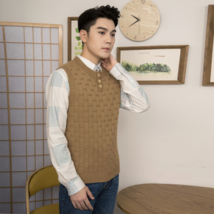 金手织编织男士 毛线衣成年男人毛衣背心 半开胸圆领马甲手工男士