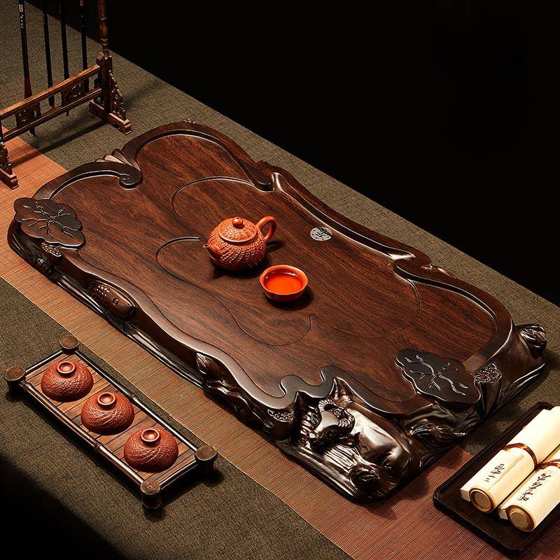德国黑檀木茶盘家用客厅整块实木立体雕刻茶台茶托盘功夫茶具茶海