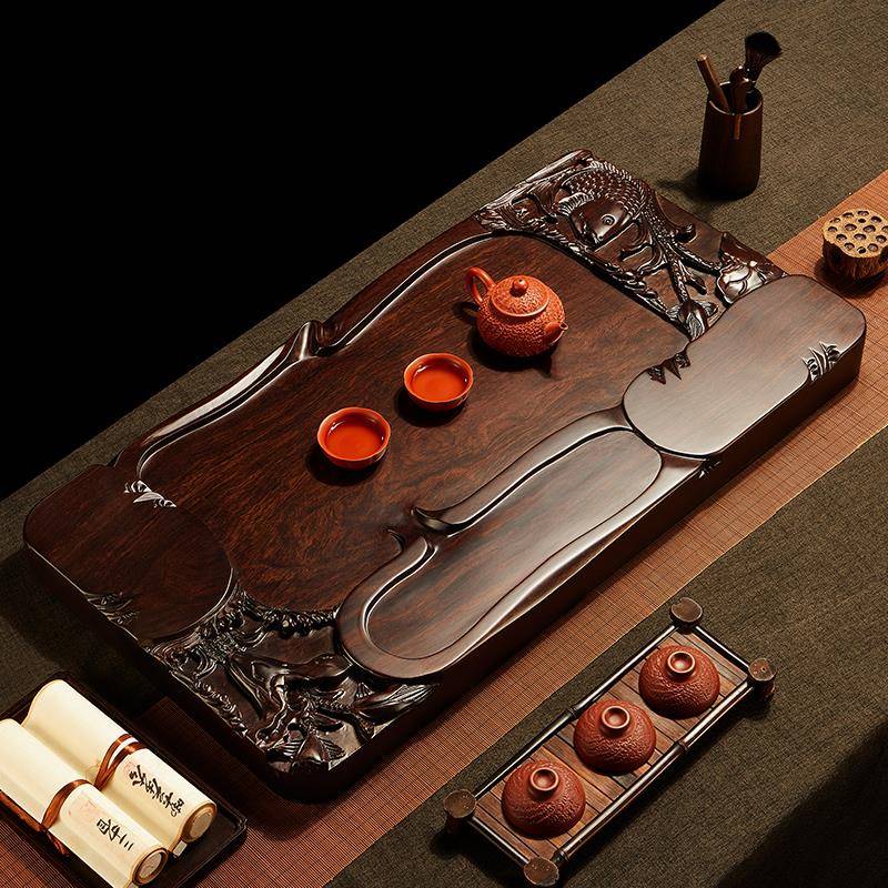 德国黑檀木立体雕刻茶盘家用客厅整块实木茶台茶托盘功夫茶具茶海