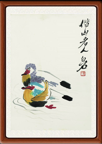 装饰画国画字画客厅新中式花鸟画横幅挂画卧室齐白石鸳鸯卷轴装裱