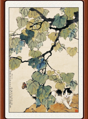 装饰画字画真迹客厅印刷品挂画古董仿徐悲鸿梧桐猫蝶图赠卷轴装裱