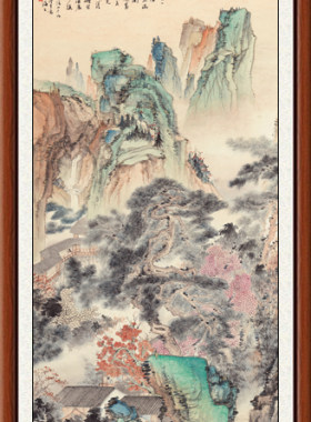 山水画装饰画国画客厅竖版十品非手绘胡也佛石涛青绿山水图赠装裱