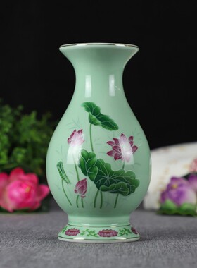 陶瓷绿釉莲花瓶供花瓶