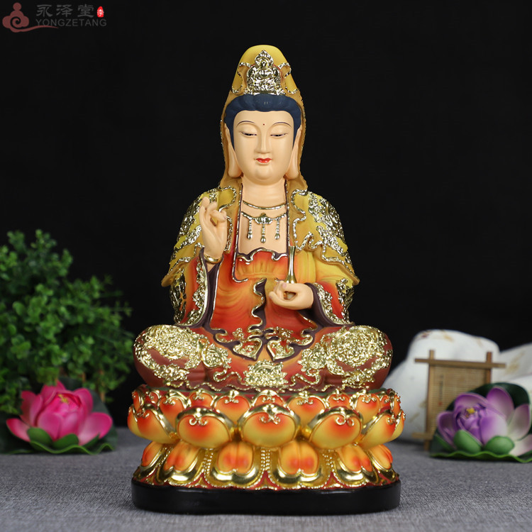 12/16寸七彩描金坐全莲观世音菩萨滴水宝瓶自在观音佛像佛堂摆件