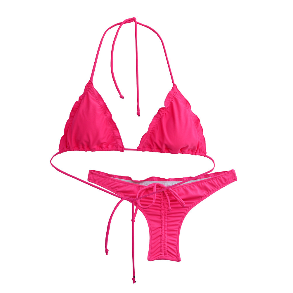 女生夏季粉色三角聚拢性感比基尼泳衣女泳装带胸垫黑色弹性白色海