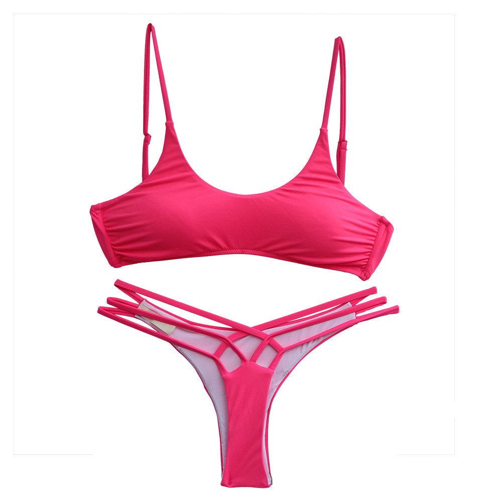 新款欧美鲜粉色女背心式比基尼泳衣显瘦聚拢性感泳装温泉弹性绑带