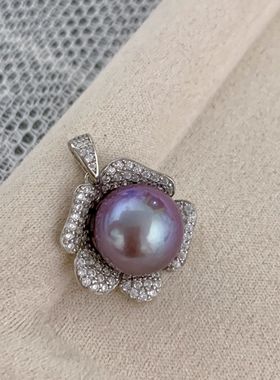 天然淡水女纯银紫珠镶钻气质花朵