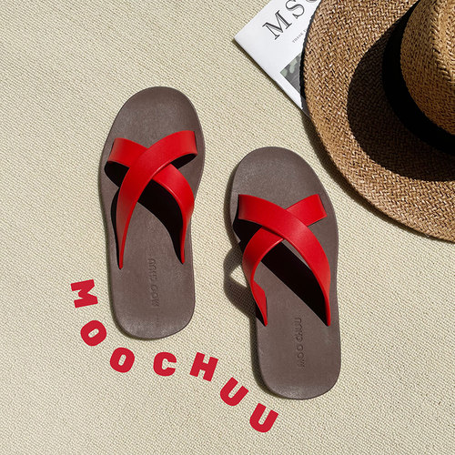 moochuu平底休闲拼色正红色