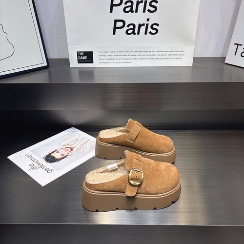 真皮包头加绒加厚勃肯半拖鞋女