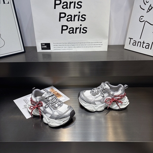 真皮网纱透气厚底老爹鞋女2026春款蝴蝶结百搭增高软底休闲运动鞋