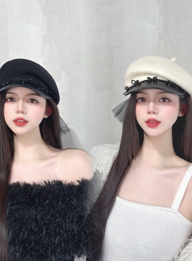 CREAMPP 原创秋冬澳毛侧褶皮檐鸭舌帽串珠蝴蝶结网纱蝴蝶结贝雷帽