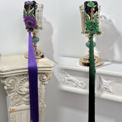 CREAMPP 原创大牌国风精美珠钻刺绣长流苏坠子暗纹提花九股宽发箍