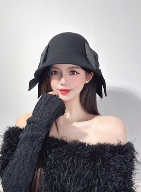 CREAMPP 原创秋冬千金气质加厚羊毛渔夫帽双边蝴蝶结飘带甜美盆帽