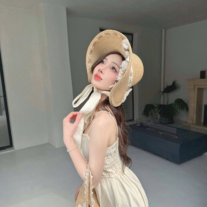 CREAMPP 原创法式庄园lolita蕾丝系带拉菲草帽vintage森系洋装帽