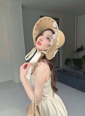 CREAMPP 原创法式庄园lolita蕾丝系带拉菲草帽vintage森系洋装帽