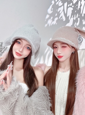 CREAMPP 原创安格拉兔毛鸭舌串珠鸭舌帽针织长兔耳朵保暖冷帽