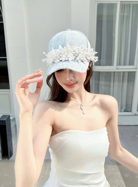 NIUYANG 设计师清透蕾丝重工珠花牛仔棒球帽优雅高颅顶质感鸭舌帽