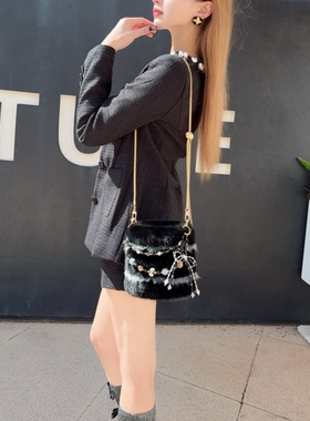 CREAMPP 原创奢华水貂毛手提水桶包钻饰挂链可调节单肩斜挎皮草包