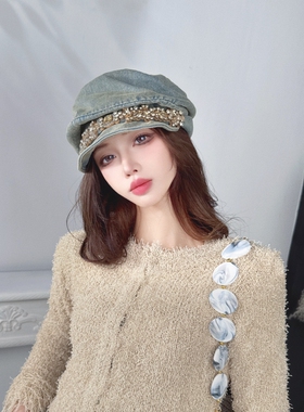 CREAMPP 原创复古做旧牛仔堆堆帽鸭舌帽重工钻饰空气高颅顶贝雷帽