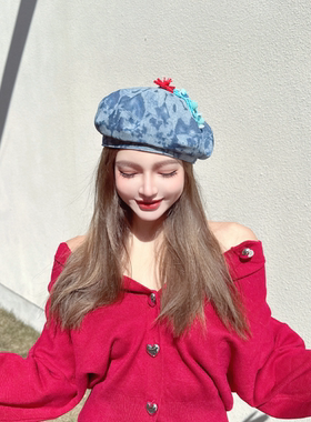 CREAMPP 原创民族定位晕染深浅渐变牛仔画家帽小红花流苏贝雷帽