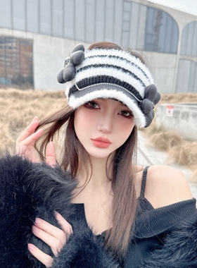 CREAMPP 原创秋冬黑白条纹加绒加厚针织鸭舌帽户外滑雪护耳空顶帽