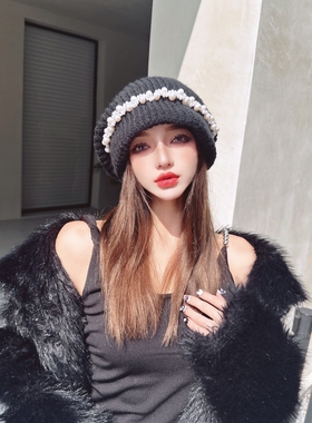 CREAMPP 原创秋冬厚针织蓬松堆堆盆帽珍珠慵懒时髦水母毛线贝雷帽